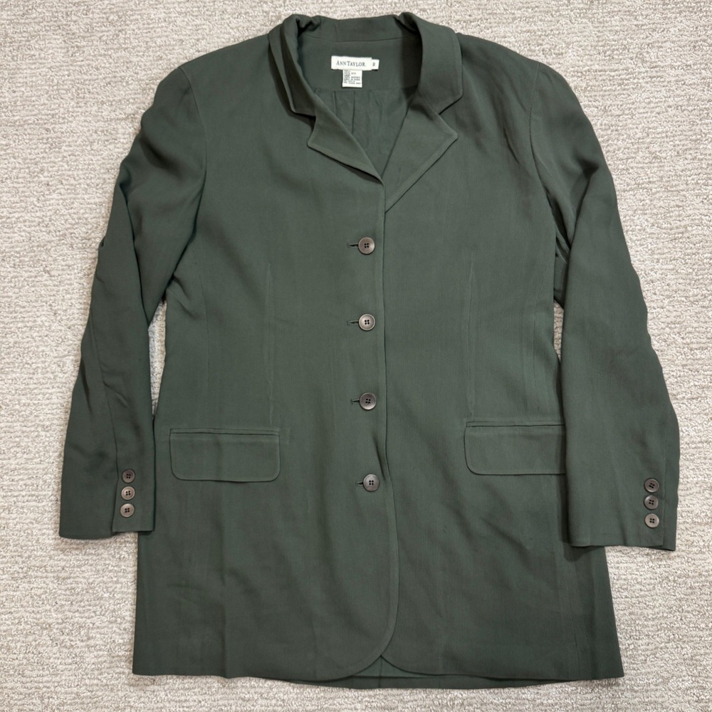 Ann Taylor Vintage 100% Silk Blazer Olive Green Button Front Jacket Womens 10 - Picture 3 of 12